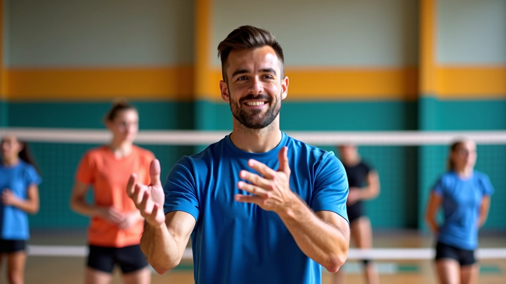 مدرب كرة طائرة يشرح تقنية قراءة الدفاع للاعب وسط شاب أثناء التدريب